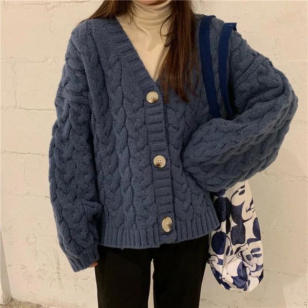 

women's knits & tees solid color basic twist cardigan sweater autumn winter v-neck loose warm oversized fashion simple thick knitted, White