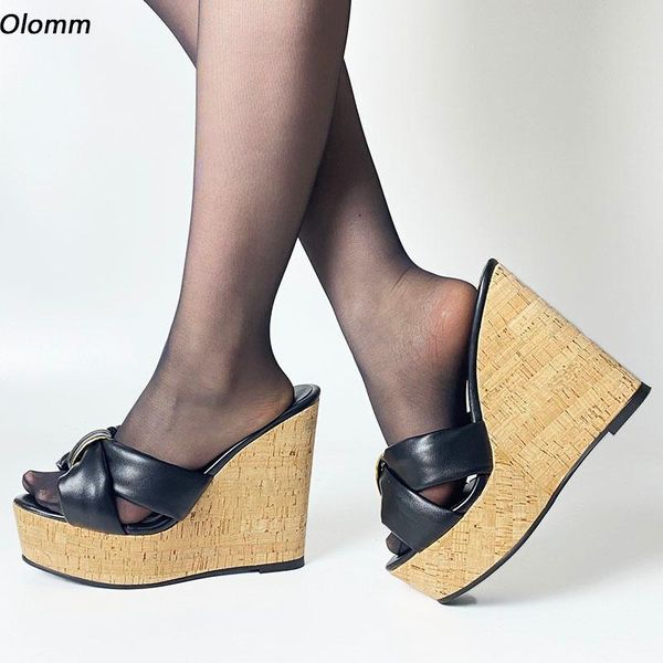 

sandals olomm arrival women mules faux leather cork wedges heels open toe elegant black casual shoes size 35 45 47 52
