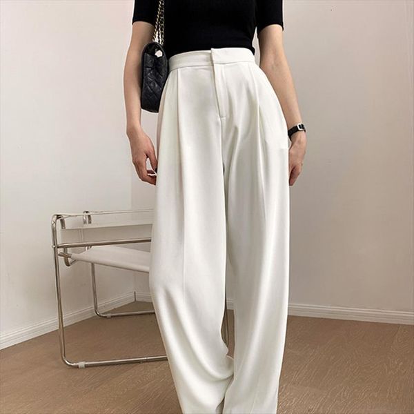 

high waist white slacks women capris straight loose office wear wide legs casual female simple trousers, Black;white