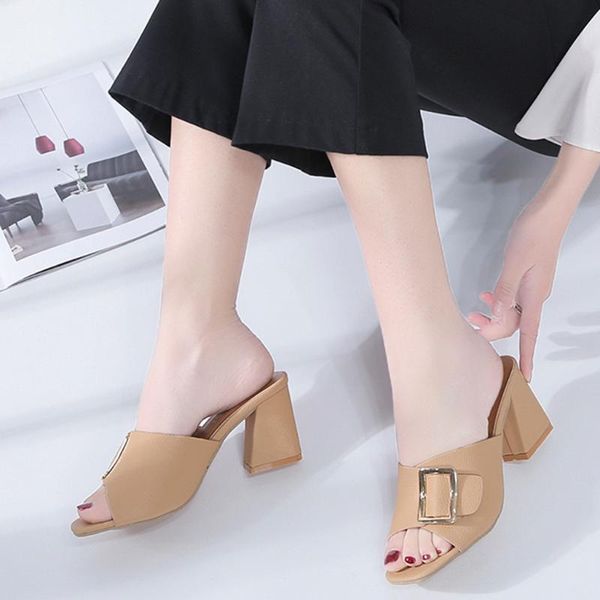 

summer wear slippers women square heels sandalia feminina wild fashion pump shoes ladies peep toe sandals casual, Black
