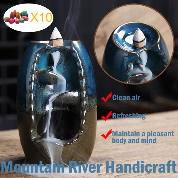 

fragrance lamps mountain river handicraft incense holder ceramic backflow waterfall smoke with 10pcs cones drop