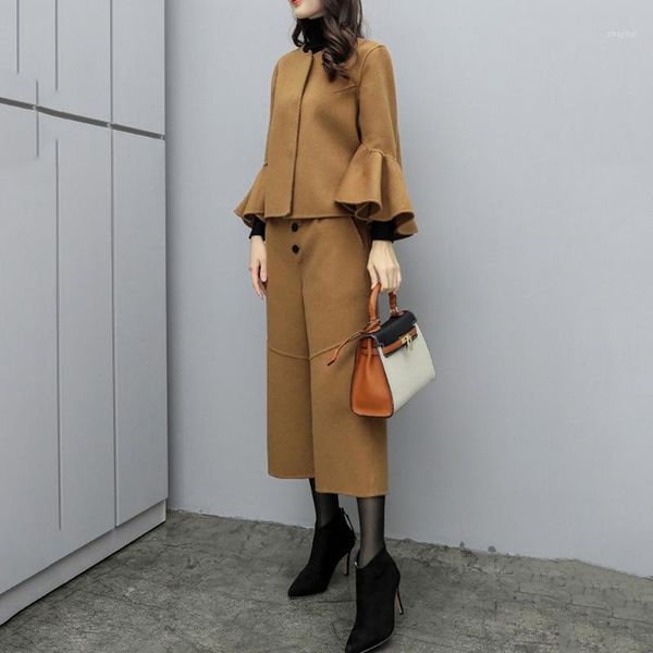 

two piece dress autumn set korean solid ruffled wool coat and wide legs long pants women sets office ladies causal suit black outfits, White