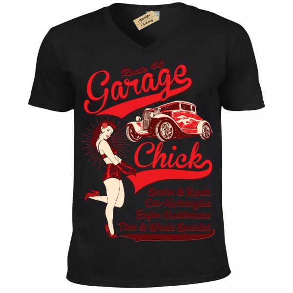

Route 44 T-Shirt Garage chick Mens V-Neck, White;black