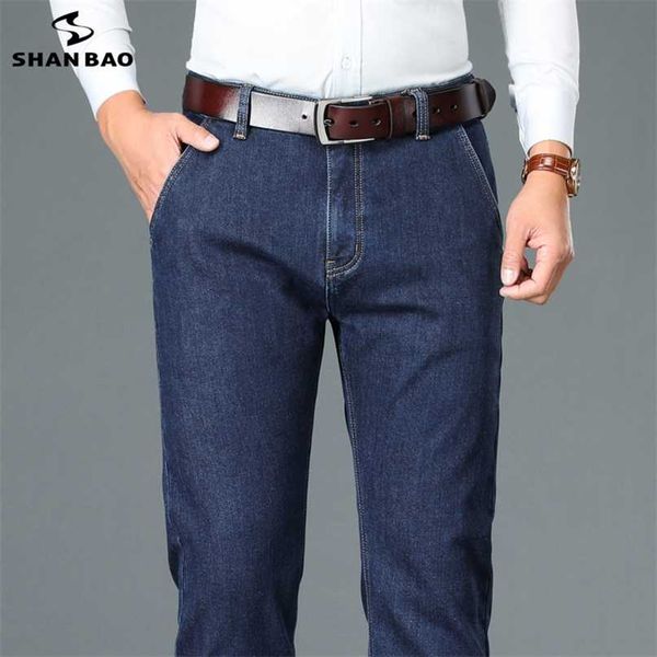 inverno SHAN BAO outono grossa calça jeans retas de negócios de alta qualidade clássica lã de ovelha de algodão de alta cintura dos homens 211108