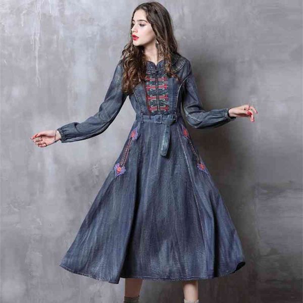 

casual dresses womens autumn vintage denim female o-neck long lantern sleeve retro embroidery belted mid-calf length es d619 ycfb, Black;gray