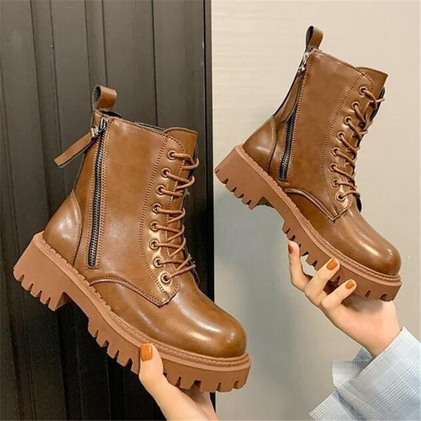 

boots fashion women's black lace-up ankle classic punk platform shoes autumn winter ladies 5cm square heel motorcycle