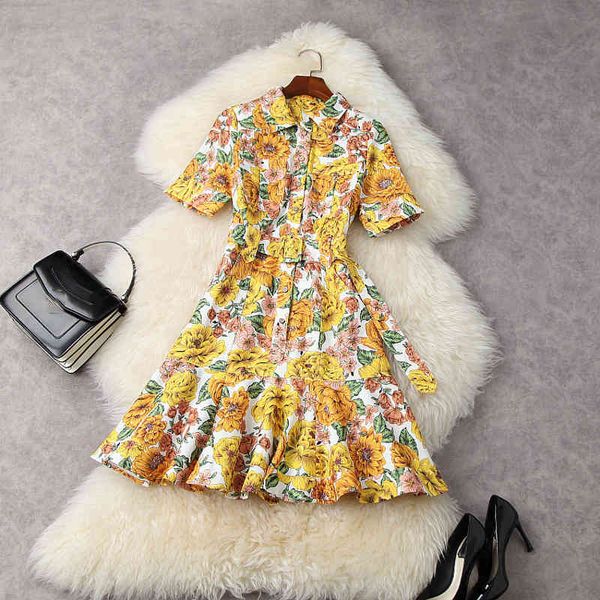 

casual dresses summer short sleeve lapel neck yellow floral print belted panelled ruffle knee-length mermaid dress elegant 21m2311988 wt6h, Black;gray