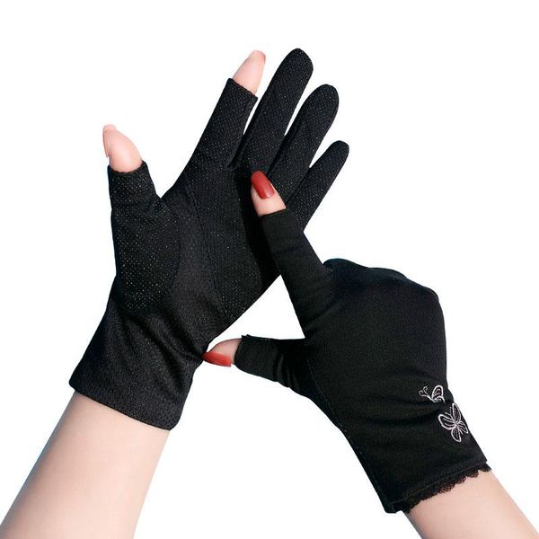 

five fingers gloves summer women with sun protection ladies half finger glove pure cotton breathable non-slip touch screen cycling mitten, Blue;gray