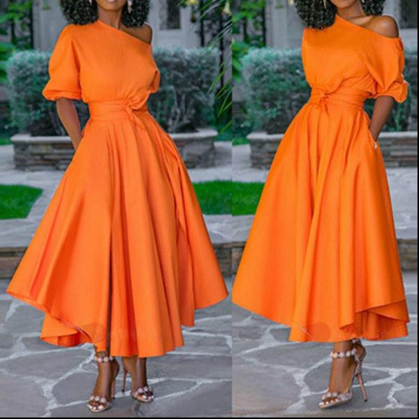 

bare shoulder waist belt women dress long a line pleated orange casual fashion ladies elegant autumn summer robes, Black;gray