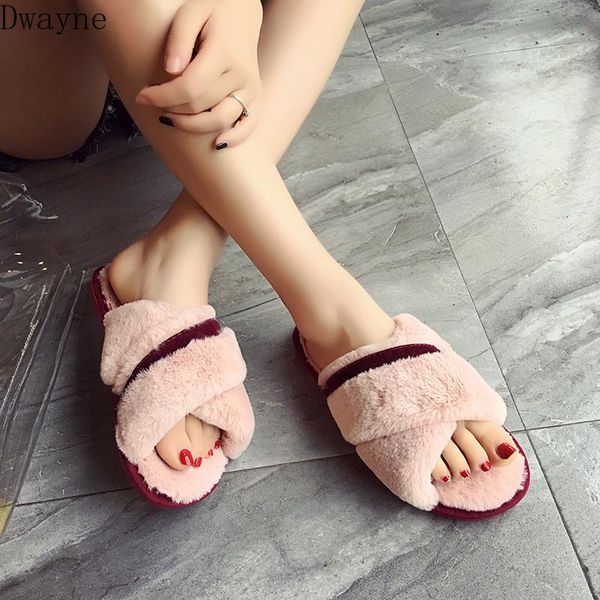 

slippers cross fur female 2021 fashion flat bottom plush word drag, Black