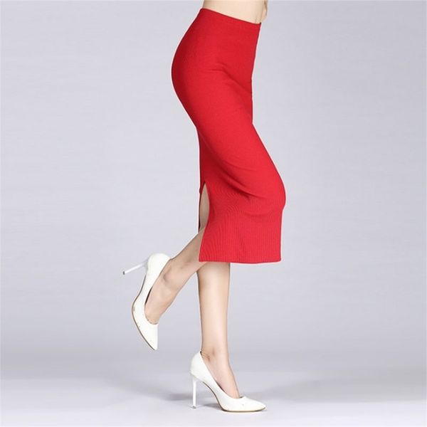 

autumn winter women pencil skirt high waist cotton solid color stretch elastic slim business ol split bodycon skirts xin-shippin 211112, Black