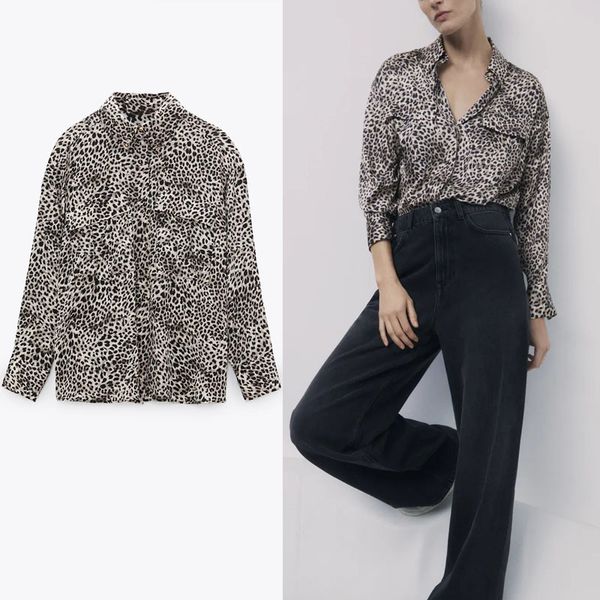 

dresses za animal print vintage shirt women long sleeve lapel collar loose office female front hidden button leopard shirts, Black;gray