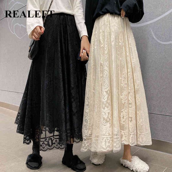 

vintage women lace crochet umbrella long skirts bohemian high waist hollow out female maxi spring summer 210428, Black