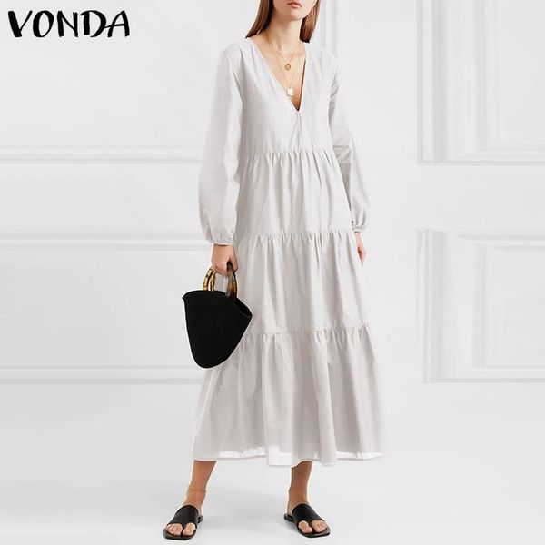 

s-5xl women thin dress vonda 2021 v neck long sleeve maxi dresses loose solid elegant robe plus size bohemian vestidos casual, Black;gray