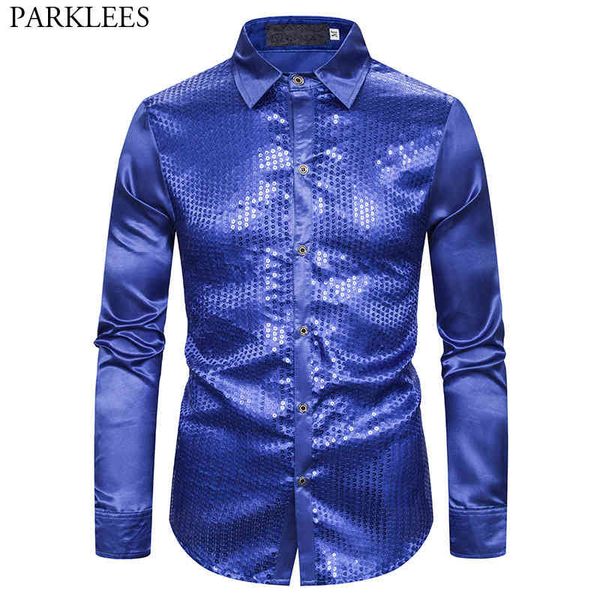 Royal Blue Sparkle Sequins Silk Рубашка Мужские Мужские 70-х Диско Сцена рубашки Ночной клуб DJ Party Prom Ment Party Рубашка Chemise 210522