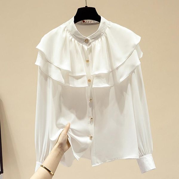 

women's blouses & shirts spring fashion office lady ruffled chiffon female korean version of solid color double-collar single breasted, White