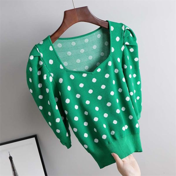 

women's knits & tees summer knitted short sleeve dot pullovers women square collar cropped thin black korean fashion swe, White