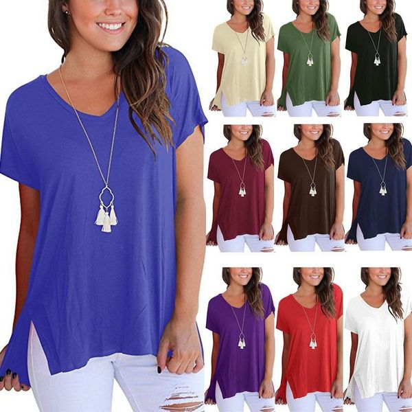 

women's t-shirt 2021 spring and summer wear front short back long side seam split v-neck sleeve loose, White