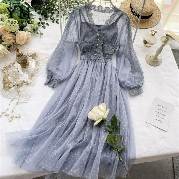 

ins fashion gothic party lace womens dresses long romantic pink polka dot mesh tunic sleeve spring autumn, Black;gray