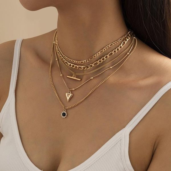 

chokers love heart rhinestone pendant necklace rock multi layers gold colour chain for women necklaces accessories, Golden;silver