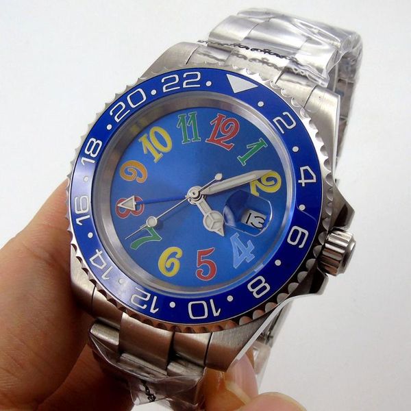 

wristwatches 40mm blue dial self winding men's watch automatic gmt movement sapphire glass bracelet strap date window, Slivery;brown