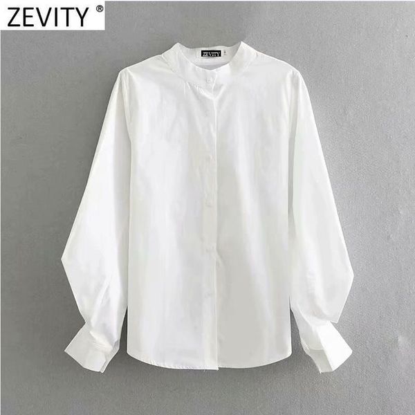 

women's blouses & shirts zevity 2021 women fashion stand collar lantern sleeve white blouse office ladies casual chic chemise blusas l