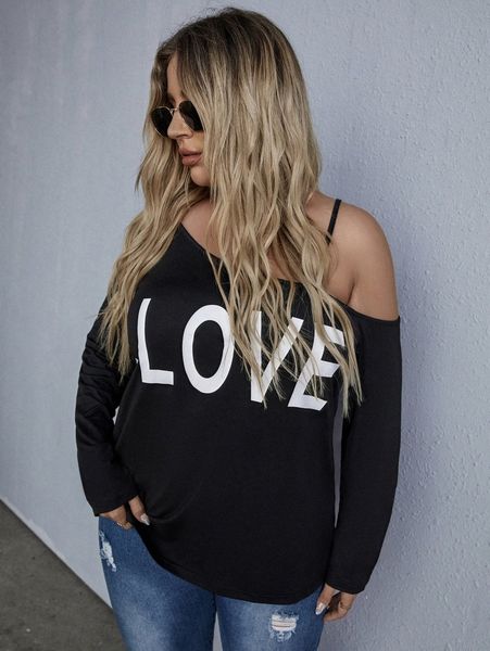 

plus letter graphic asymmetrical neck tee 2823#, Black