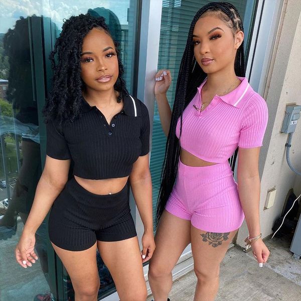 

knitting ribbed two piece women tracksuits short set fall clothes sleeve bodycon outfits button crop and shorts co ord, Gray