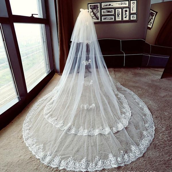 

bridal veils arrival white veil lace applique cathedral wedding with bow accessories boda mariage matrimonio, Black