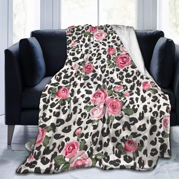 

flannel blanket pink rose flower leopard cheetah print lightweight cozy bed blanket soft throw blanket fits couch sofa suitable