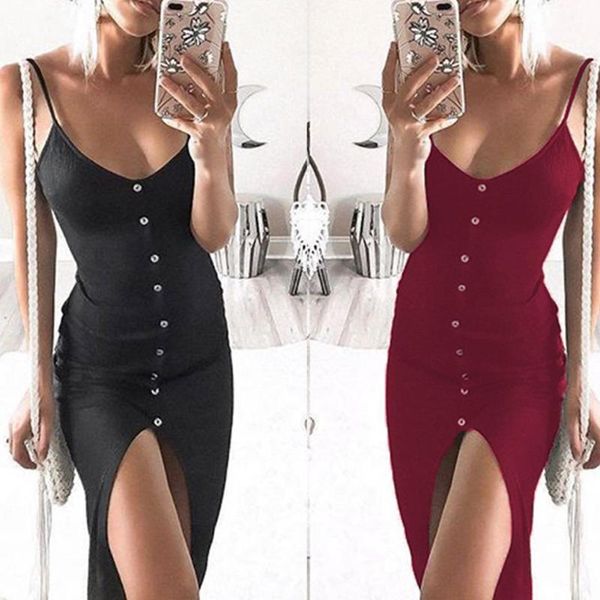 

casual dresses womens solid black button v-neck sling split sleeveless strappy tank dress slim rib knit party midi summer 2021, Black;gray