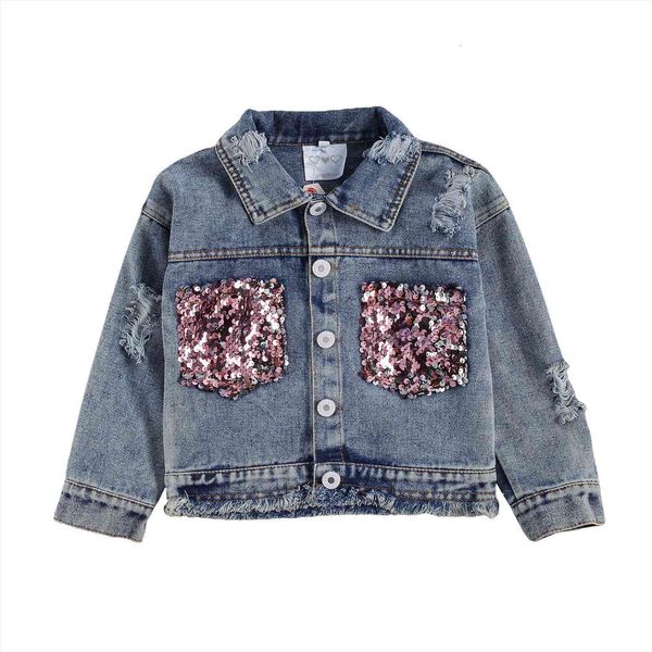 

1.6y toddler kids girl sequin buttons denim jacket fashion streetwear outerwear baby up coat winter autumn jackets, Blue;gray