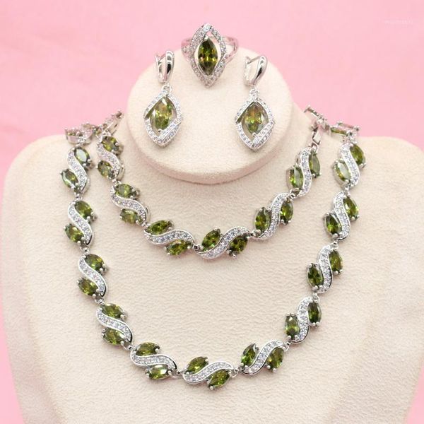Brincos colar luxo verde peridot casamento conjuntos de cor de prata jóias para mulheres anel pulseira caixa de presente