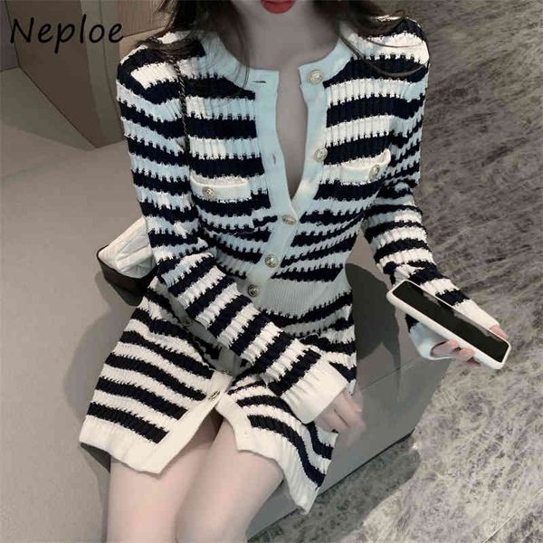 Neploe French Small Fragrance Knit Maglione Abito Donna Vita alta Hip Skinny Vestdiso O Collo Manica lunga Monopetto Sueter 210423