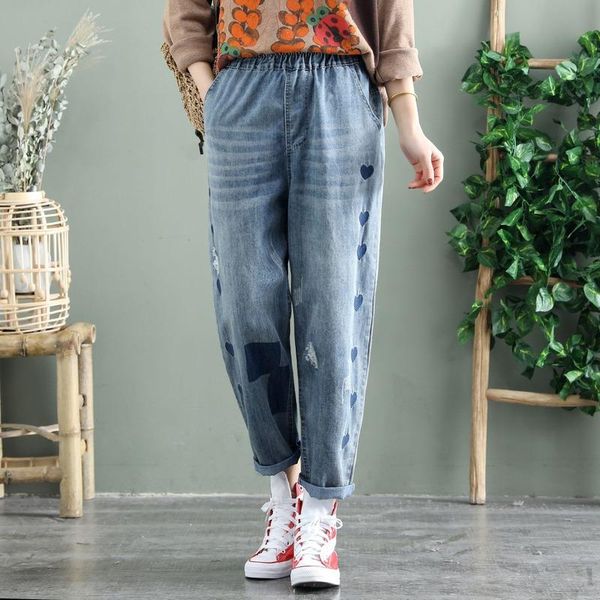 

women's jeans -xl women side heart embroidery ankle blue elastic waist denim harem pants
