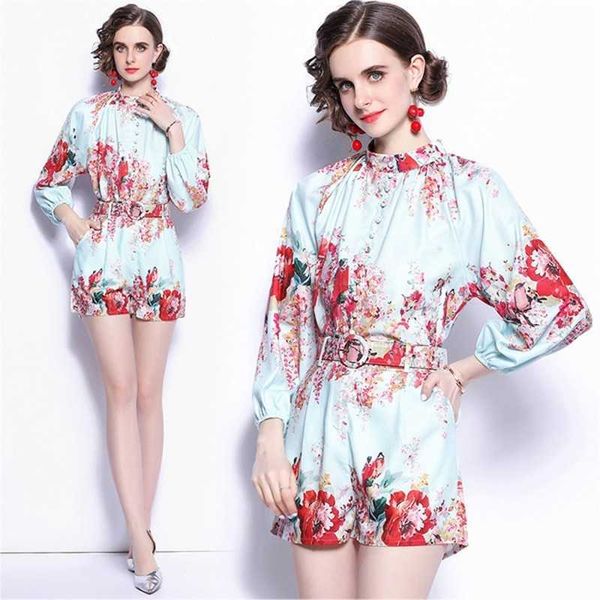 

summer fashion casual women 2 piece sets mint green print puff sleeve shirt+ pocket shorts pant with belt 210531, White