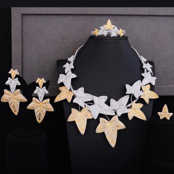 

earrings & necklace missvikki spring summer 4 pcs leaves pendant ring bangle jewelry set cubic zirconia dubai women accessories, Silver