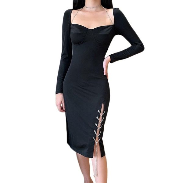 Siyah Uzun Kollu Elbise Kadınlar Için Stil Seksi Kare Boyun Dikiş Örgü Zincir Bölünmüş Elbiseler Kadın LR1102 210531