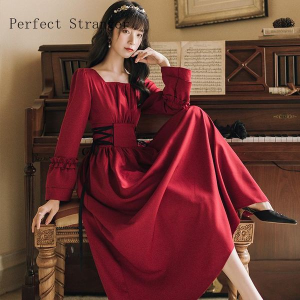 

casual dresses 2021 autumn arrival square collar bandage collect waist women long dress red, Black;gray