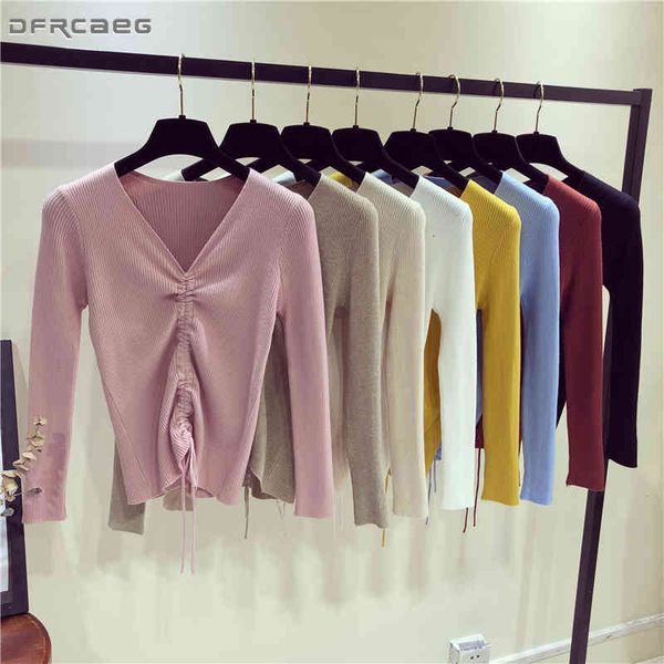 

women's sweaters autumn long sleeve bottoming knitted sweater women solid slim drawstring bustier crop v-neck streetwear, White;black