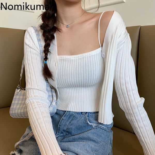 

nomikuma korean style long sleeve knitted t shirt women two piece solid color fashion crop high street tshirts 3c399 210514, White