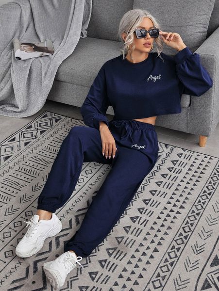 

angel graphic pullover & drawstring joggers set y99e#, White