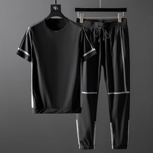 

tracksuit shirt summer mens (t-shirt+pants) luxury stripe printed short sleeve male tracksuit plus size 5xl slim fit casual man sets, Gray