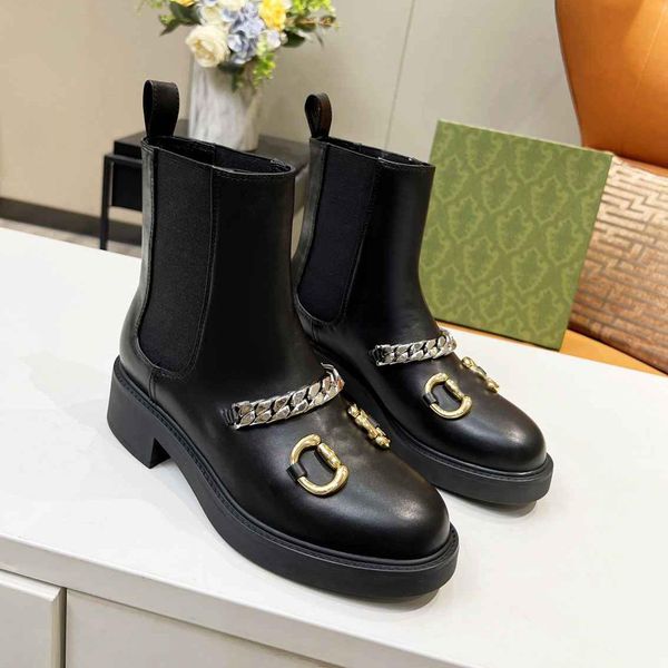 

luxury designer boots women winter sock boot guucci letter chain leather louiings shoes flat mid high heel, Black