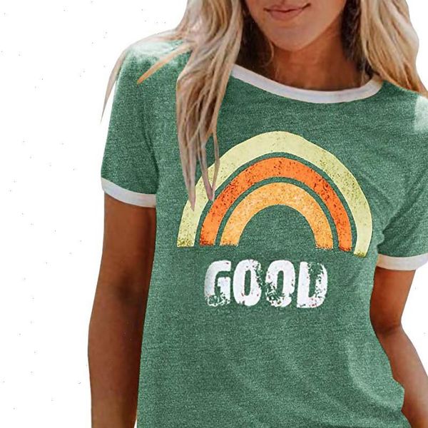 

good women t shirt ladies summer letters rainbow printing short sleeve round neck casual tunic in stock, White