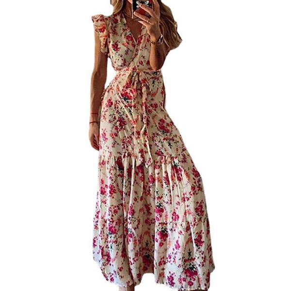 

casual dresses boho floral print v neck long beach dress frill belt lace up cover summer vacation wear women tunic honeymoon, Black;gray
