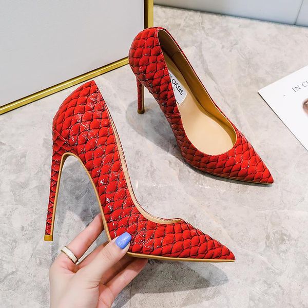

dress shoes 2021 fashion woman snakeskin leather pumps big size 33-45 thin high heels red sliver pointed toe wedding, Black