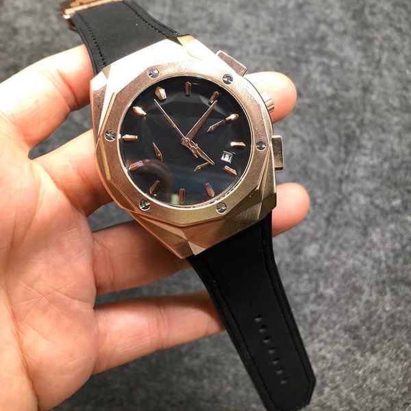 

1-13mens gold watches leather strap screw embedded in rubber case design business models sports luxury fashion brand quartz chronograph, Slivery;brown