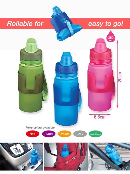 

water bottle foldable sports & outdoor collapsible silicone bottles-350ml,bpa fda approved roll up,leak proof