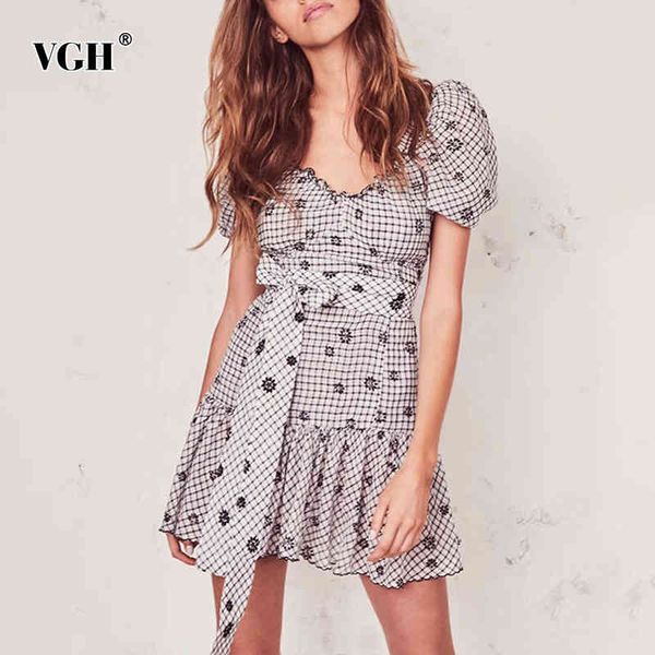 

vgh printed plaid floral dress for women v neck puff sleeve high waist lace up bowknot mini dresses female summer fashion tide 210421, Black;gray